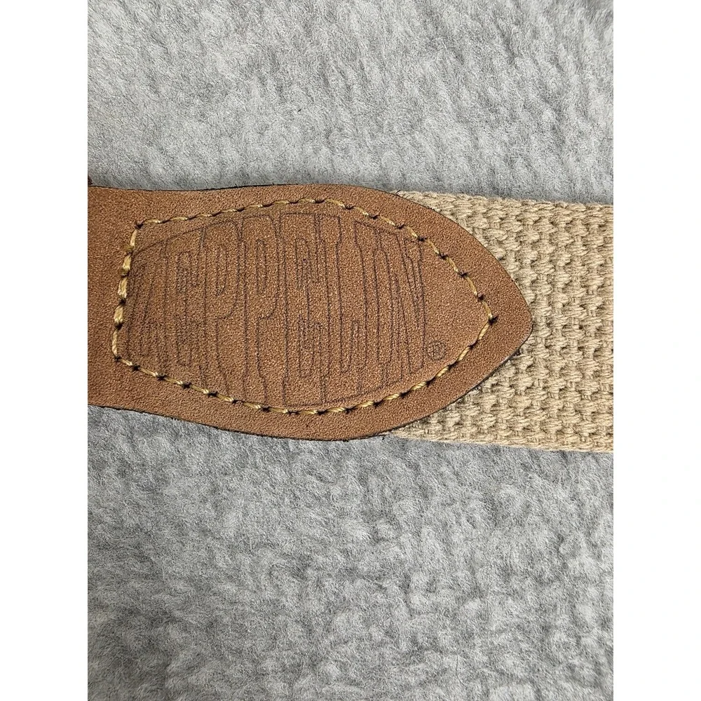Zeppelin Belt Mens 32 Tan Canvas Leather Brass Buckle Nautical Flag Made USA‎